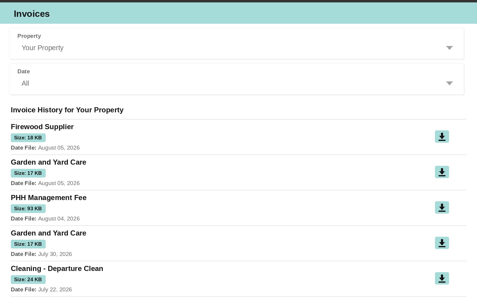 Invoices screen in the owner portal